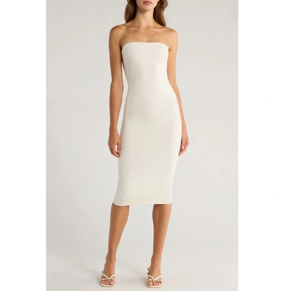Reformation x Laura Harrier Etta Strapless Knit Bodycon Midi Dress Cream L NWT